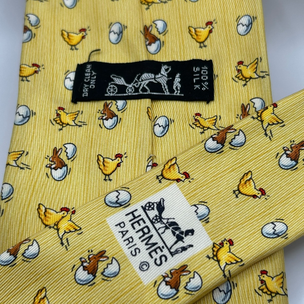 Hermes Yellow Silk Chicken Print Tie